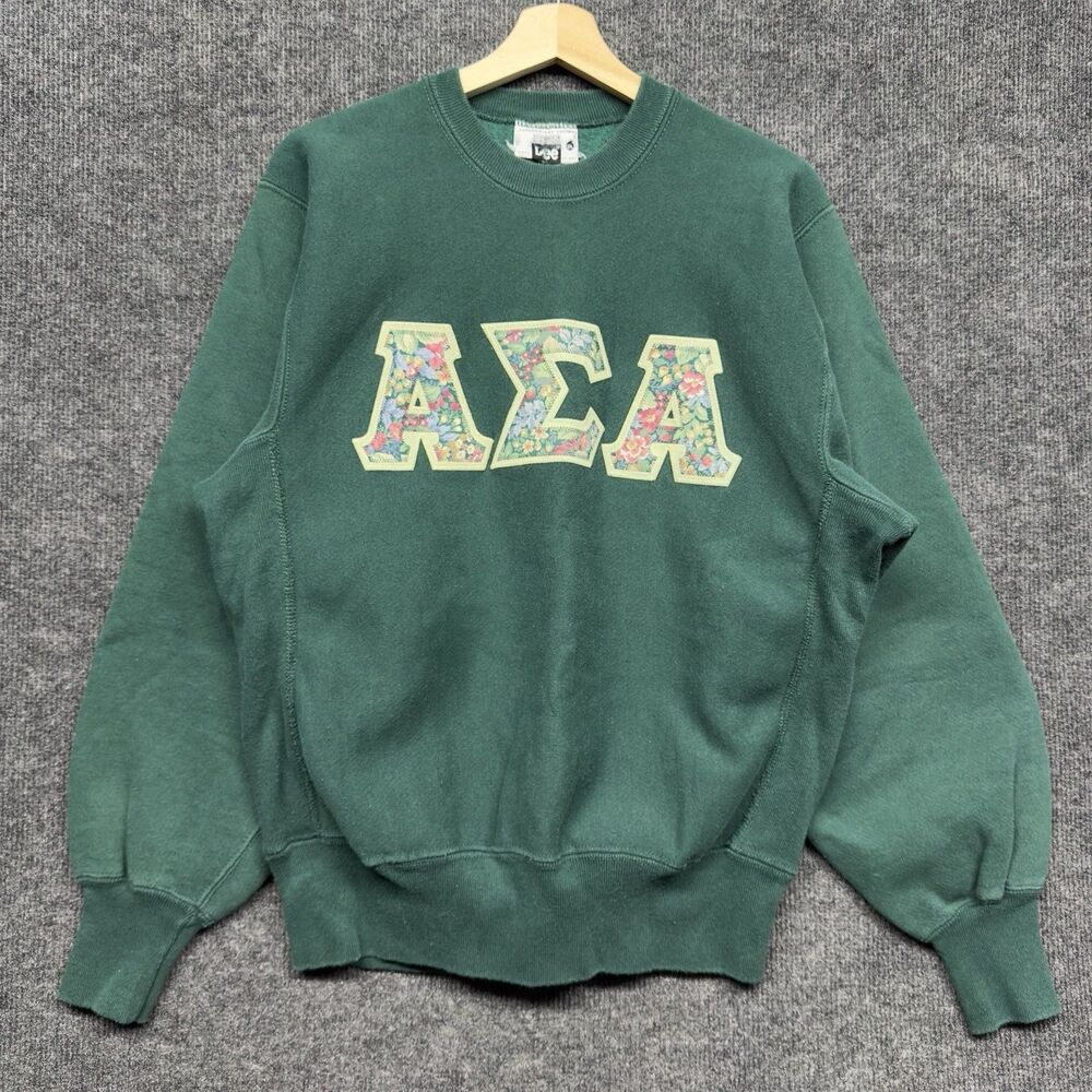 Vintage 90s Lee Alpha Sigma Alpha Sorority Crewneck Sweatshirt Green M USA Greek